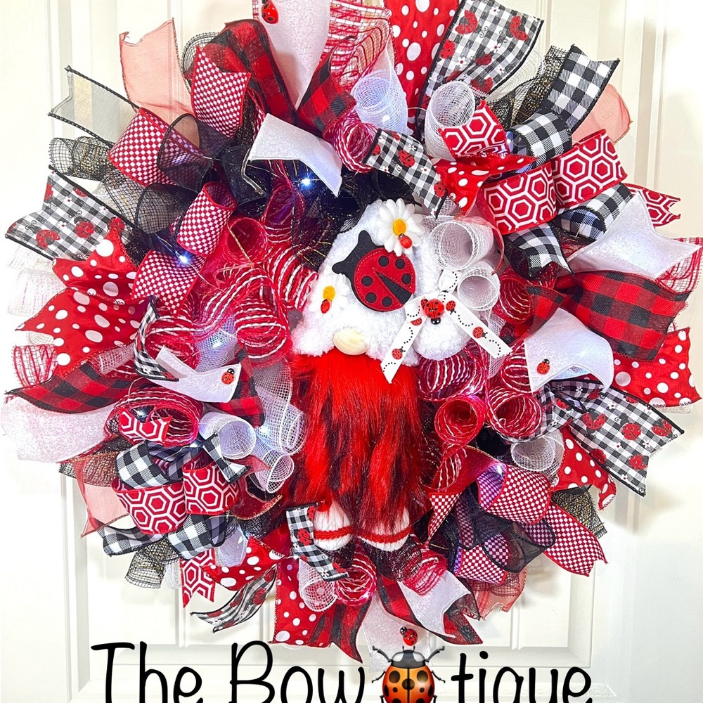 Summer Ladybug Ribbon Wreath Gnome Handmade 22 in Diam. #W6